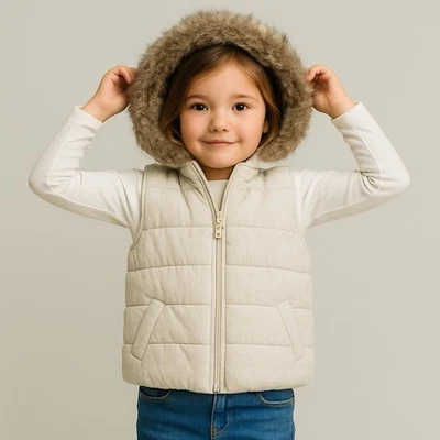 Chaleco acolchado con capucha Crazy 8 Girls talla 5-6 forrado de piel sintética beige cálido invierno Foto 1 de 4