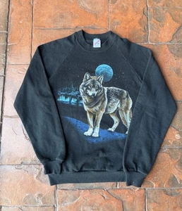 Vintage 80s Wolf Moon Crewneck Sweatshirt Medium Black 1987 Jerzees Nature USA - Picture 1 of 7