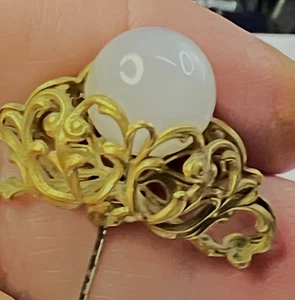 Antike Mondstein Katzenauge natürlicher echter Edelstein 4" goldfarbene Hutnadel Brosche - Bild 1 von 5