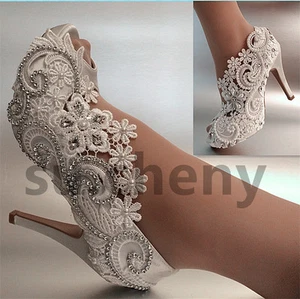 Su.cheny 3"" 4"" Tacón Satén Blanco Marfil Encaje Perlas Puntera Abierta Boda Zapatos de Novia - Imagen 1 de 20