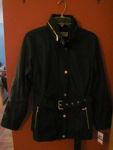 NUOVO CON ETICHETTE TRENCH DONNA MICHAEL KORS NERO PIOGGIA ARTICOLO #MK322119R74 TAGLIA LARGE