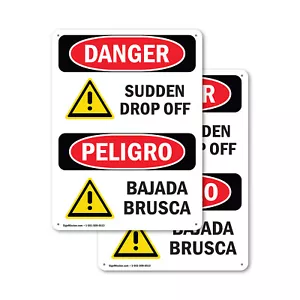 (2 Pack) Sudden Drop Off With Symbol Bilingual OSHA Danger Sign Decal Metal - Picture 1 of 22