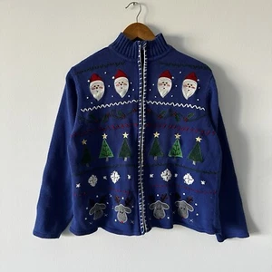 Vintage Christmas Sweater Blue Womens Medium Santa Christmas Trees Reindeer Full - Picture 1 of 6