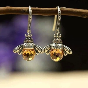 925 Sterling Silver Bee Drop Earrings, Yellow Insect Earrings, Women's Fine Jewe - Picture 1 of 4