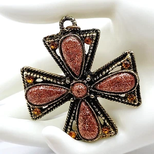 Maltese Cross Pendant Druzy Style Teardrop Orange Rhinestones Vintage Pendant - Picture 1 of 21