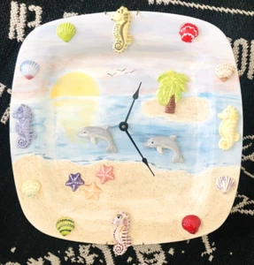 Vtg 17" Handmade HAWAII BEACH SQ 3D WALL CLOCK Battery DOLPHIN Shell SEAHORSE - Picture 1 of 13