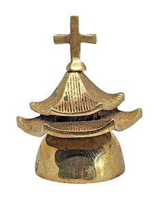 Vintage Brass Pagoda Bell w/ Cross – Christian Asian Temple Church Decor - Picture 1 of 7