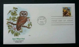 USA US Saw-Whet Owl (Smallest Owls) 1988 Birds Fauna Animal Prey (FDC) *perfect - Picture 1 of 5