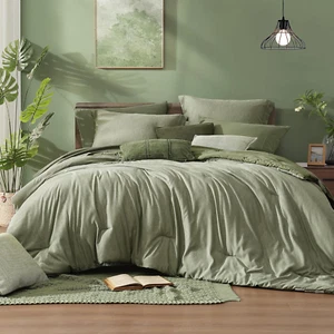 Queen Comforter Set - 7 Pieces Cationic Dyeing Sage Green, Reversible  - Picture 1 of 12
