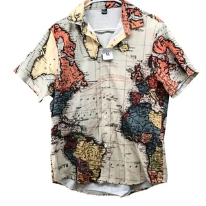 NWT World Map Shirt Mens M Relaxed Loose Short Sleeve Button Up Geography - Picture 1 of 7