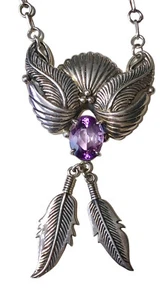 Collar de plumas de amatista 925 de plata esterlina del suroeste nativo americano - Imagen 1 de 15