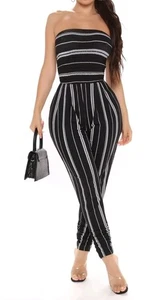 Fashion Nova Alexandra Jumpsuit - Black And White Stripe - Small *NEW* - Picture 1 of 11