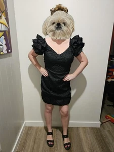 80s Blck Vintage Crinkle Taffeta Cocktail Dress Bubble Hem Sequin Puff Shoulders - Picture 1 of 2