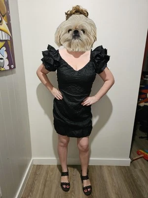 Vestido de coquetel anos 80 preto vintage tafetá enrugado bainha bolha lantejoulas ombros folhados - Imagem 1 de 2