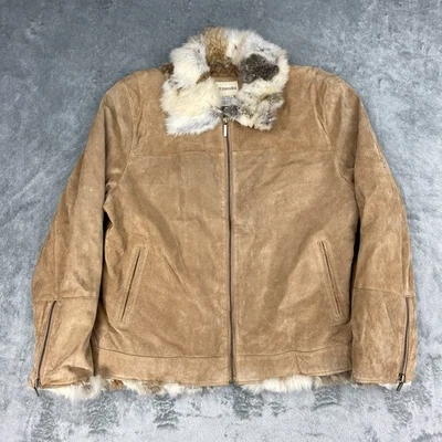 复古 St Johns Bay 夹克女式 XL 码棕褐色麂皮绒兔子毛皮便士巷被衬里 — 第 1/4 张图片