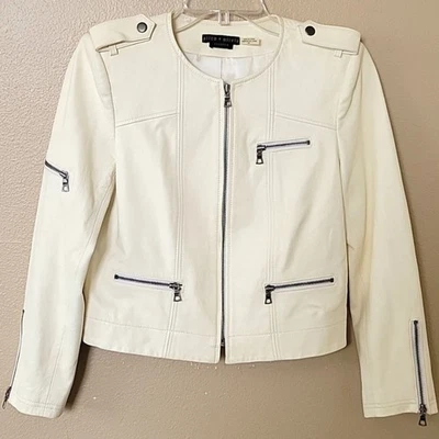 Alice + Olivia Womens Cream Cam Lamb Leather Biker Jacket - Size Small - Image 1 of 4