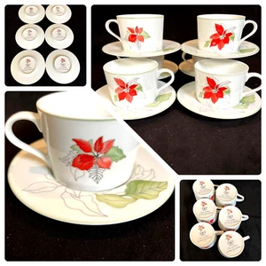 Block Spal Poinsettia 6 Cup & Saucer Watercolors Mary Lou Goertzen VTG Portugal - Picture 1 of 7