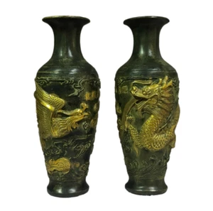 Jarrones antiguos de bronce dragón fénix riqueza quemadores de incienso incensario olla antigua un par - Imagen 1 de 5