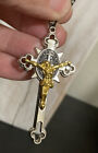 St. Benedict Stainless Steel Crucifix Cross Two-Tone Pendant Medal w/ 24” Chain