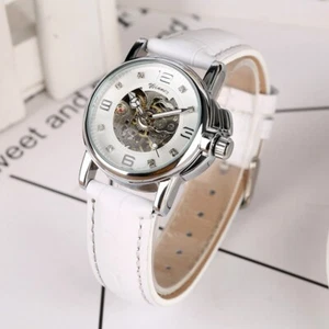 WINNER Women's Watch Skeleton Mechanical White Leather Strap Wristwatch Gifts - Picture 1 of 10
