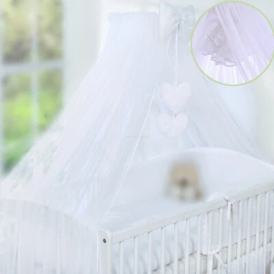 New Large White Baby Cot Mosquito Net / Drape / Canopy + Bow & Hearts + HOLDER - Image 1 of 3