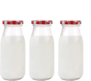 Danmu Art 3Pcs 250Ml Glass Milk Bottles with Pretty Gingham Lids, Small Glass Ja - Picture 1 of 8
