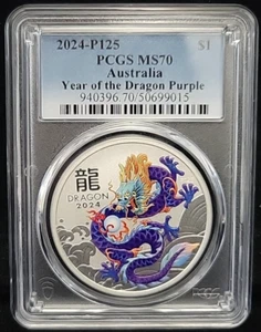 2024 Australia Lunar Dragon 1 oz Silver P125 PCGS MS70 | Limited Edition Purple - Picture 1 of 4