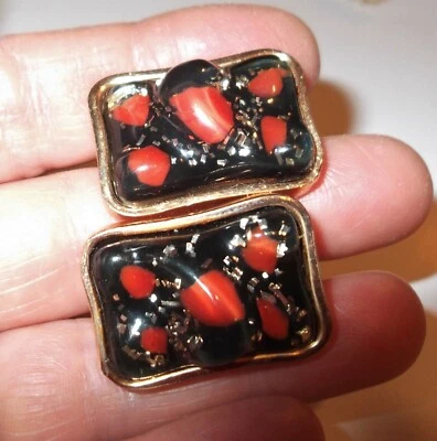 ANSON Vintage Abstract Mid Century Black Red Lucite Confetti Cufflinks Gold Tone - Image 1 of 4