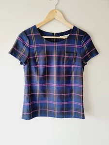 BODEN Blue Purple Wool Plaid Short Sleeve Blouse SIZE UK 8 Au 6 top - Picture 1 of 5