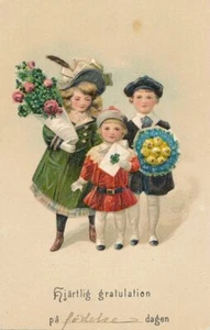 Three Children Hjartlig Gratulation Hearty Congratulations PFB Postcard - Picture 1 of 2