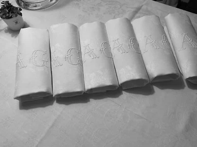 Linge Ancien 6 Grandes Serviettes DE MARIAGE Damassé De Soie Monogrammes AC - Photo 1/4