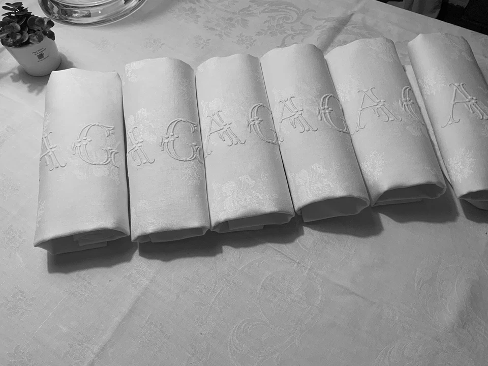 Linge Ancien 6 Grandes Serviettes DE MARIAGE Damassé De Soie Monogrammes AC - Photo 1/4