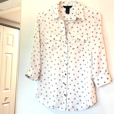 WHBM женский размер 0 EUC блузка на пуговицах в горошек серый белый 3/4 рукав свет - Изображение 1 из 4