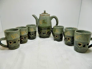 Vintage Otagiri Somayaki Soma Ware verde crepitante cuore cavallo teiera/caffè con 6 tazze - Foto 1 di 24