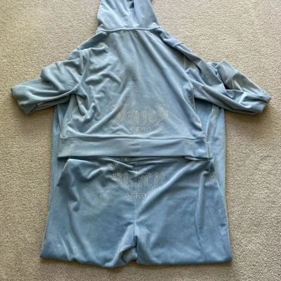 JUICY COUTURE Velour Bling Tracksuit Hoodie & Pant Set Baby Powder Blue Large L - Image 1 of 4