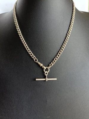 Antiguo collar de cadena de reloj Albert de plata de ley de 1901 con clip para perro y barra en T Foto 1 de 4