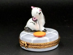 Limoges Frankreich Peint Main Porzellan Katze Schmuckschatulle mit Maus innen - Bild 1 von 7