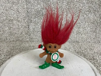 Russ Vintage Merry Little Troll Christmas Doll 3" Red Hair Scarf Green Elf Shoes - Image 1 of 4