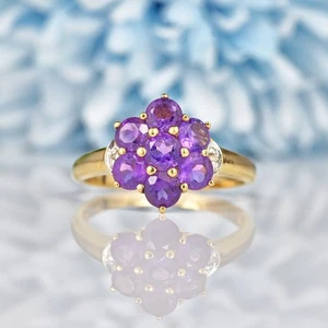 Anello a grappolo matrimonio in oro giallo 14 kt con ametista naturale e diamanti b035 - Foto 1 di 9