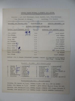 CRYSTAL PALACE v MANSFIELD TOWN | 1964/1965 | RESERVES | 2 JAN 1965 |UK FREEPOST - Image 1 of 2