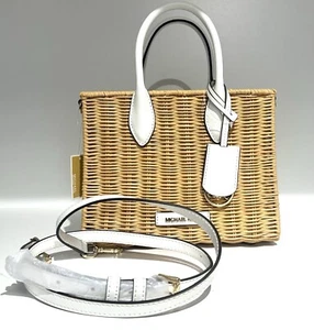 Michael Kors Mirella Small White Natural Straw Shopper Crossbody Satchel Bag - Picture 1 of 13