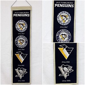 Pittsburgh Penguins Hockey History Logo Banner 32”x 8” NHL Felt and Embroidered