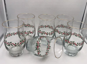 Libbey Holly Berry Glasses Gold Rim - set of 6 Vintage Christmas Holiday - Picture 1 of 9