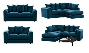 New Royal Blue Plush Fabric Corner Sofa Left Right Hand 3 2 Seater Swivel Chair - Picture 1 of 21