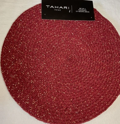 TAHARI HOME PLACEMATS BURGUNDY GOLD WOVEN 15 INCH ROUND NIP