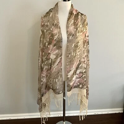 VTG 100pct Silk Shawl Wrap By “The Two Mrs Grenvilles” Fully Lined Taupe&Pink - Image 1 of 4