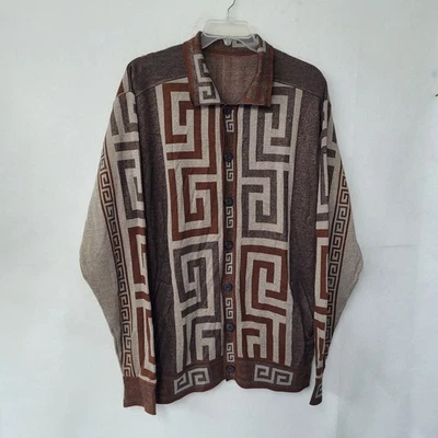 Vintage Prestige Greek Key Pattern Button Down Sweater Cardigan Menswear Large - Image 1 of 4