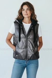 Brunello Cucinelli Women Leather Puffer Vest Metallic Down Monili size 40 S - Picture 1 of 11