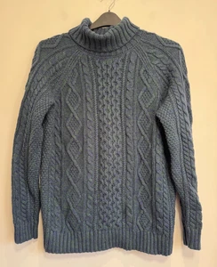 Lands End Pullover Damen Medium Navy Grün Zopfmuster Rollkragen Fischer Wolle - Bild 1 von 9