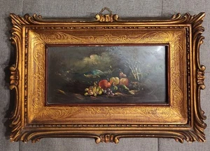 ANTICO QUADRO NATURA MORTA - DIPINTO AD OLIO CON CORNICE IN LEGNO INTARSIATO - Foto 1 di 8